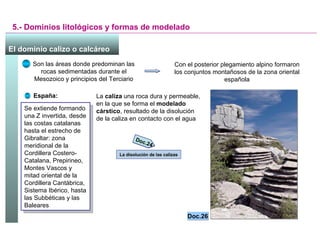 5.- Dominios litológicos y formas de modelado España: Se extiende formando una Z invertida, desde las costas catalanas hasta el estrecho de Gibraltar: zona meridional de la Cordillera Costero-Catalana, Prepirineo, Montes Vascos y mitad oriental de la Cordillera Cantábrica, Sistema Ibérico, hasta las Subbéticas y las Baleares Son las áreas donde predominan las rocas sedimentadas durante el Mesozoico y principios del Terciario Con el posterior plegamiento alpino formaron los conjuntos montañosos de la zona oriental española La  caliza  una roca dura y permeable, en la que se forma el  modelado cárstico , resultado de la disolución de la caliza en contacto con el agua Doc.26 El dominio calizo o calcáreo   La disolución de las calizas Doc.24 
