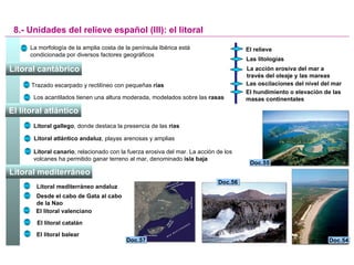8.- Unidades del relieve español (III): el litoral La morfología de la amplia costa de la península Ibérica está condicionada por diversos factores geográficos  El relieve Las litologías La acción erosiva del mar a través del oleaje y las mareas Las oscilaciones del nivel del mar El hundimiento o elevación de las masas continentales Trazado escarpado y rectilíneo con pequeñas  rías Los acantilados tienen una altura moderada, modelados sobre las  rasas Litoral gallego , donde destaca la presencia de las  rías Litoral atlántico andaluz , playas arenosas y amplias Litoral canario , relacionado con la fuerza erosiva del mar. La acción de los volcanes ha permitido ganar terreno al mar, denominado  isla baja Litoral mediterráneo andaluz Desde el cabo de Gata al cabo  de la Nao El litoral valenciano El litoral catalán El litoral balear Doc.57 Doc.56 Doc.55 Doc.54 Litoral cantábrico   El litoral atlántico   Litoral mediterráneo   