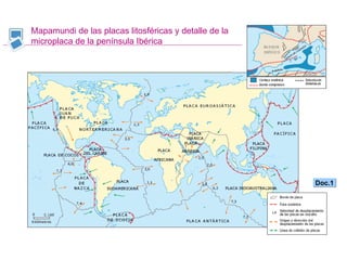 Mapamundi de las placas litosféricas y detalle de la microplaca de la península Ibérica Doc.1 