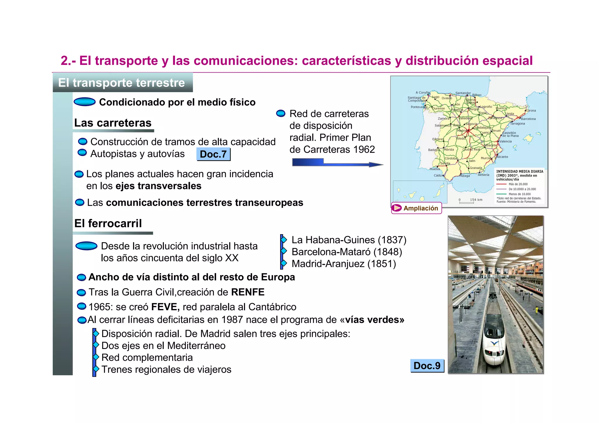 2.- El transporte y las comunicaciones: características y distribución espacial
El transporte terrestre
       Condicionado por el medio físico
                                                 Red de carreteras
  Las carreteras                                 de disposición
     Construcción de tramos de alta capacidad    radial. Primer Plan
     Autopistas y autovías Doc.7                 de Carreteras 1962

     Los planes actuales hacen gran incidencia
     en los ejes transversales
     Las comunicaciones terrestres transeuropeas                         Ampliación

  El ferrocarril
                                                La Habana-Guines (1837)
        Desde la revolución industrial hasta
                                                Barcelona-Mataró (1848)
        los años cincuenta del siglo XX
                                                Madrid-Aranjuez (1851)
     Ancho de vía distinto al del resto de Europa
     Tras la Guerra Civil,creación de RENFE
     1965: se creó FEVE, red paralela al Cantábrico
     Al cerrar líneas deficitarias en 1987 nace el programa de «vías verdes»
        Disposición radial. De Madrid salen tres ejes principales:
        Dos ejes en el Mediterráneo
        Red complementaria
        Trenes regionales de viajeros                                        Doc.9
 