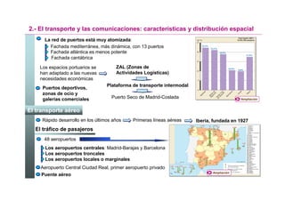 2.- El transporte y las comunicaciones: características y distribución espacial
      La red de puertos está muy atomizada:
        Fachada mediterránea, más dinámica, con 13 puertos
        Fachada atlántica es menos potente
         Fachada cantábrica

    Los espacios portuarios se         ZAL (Zonas de
    han adaptado a las nuevas          Actividades Logísticas)
    necesidades económicas
                                   Plataforma de transporte intermodal
     Puertos deportivos,
     zonas de ocio y
     galerías comerciales            Puerto Seco de Madrid-Coslada                           Ampliación


El transporte aéreo
     Rápido desarrollo en los últimos años    Primeras líneas aéreas     Iberia, fundada en 1927
  El tráfico de pasajeros
      48 aeropuertos
      Los aeropuertos centrales: Madrid-Barajas y Barcelona
      Los aeropuertos troncales
      Los aeropuertos locales o marginales
    Aeropuerto Central Ciudad Real, primer aeropuerto privado
                                                                                Ampliación
    Puente aéreo
 