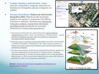  Fuentes visuales y audiovisuales: videos,
películas, fotografías e imágenes obtenidas por
teledetección (fotografías aéreas e imágenes vía
satélite)
 Almacena la información de cada territorio por capas temáticas
independientes (relieve, clima, asentamientos, infraestructuras…) que le
permiten al geógrafo estudiar cada información por separado o
interrelacionando distintos datos.
 Permiten cruzar y combinar toda la información que tienen almacenada,
y mediante el análisis e interpretación que estos sistemas realizan le
ofrecen al usuario nuevas informaciones que le servirán para resolver
problemas complejos
 Se utiliza para resolver problemas de planificación territorial, gestión de
recursos, planificación de transportes e infraestructuras, marketing
espacial (mediante un análisis sociodemográfico de un área geográfica
determinada, un SIG nos permitiría determinar las zonas más propicias
para llevar a cabo una campaña de publicidad)…
Ejemplo: Sistema de Información Geográfica de Urbanismo del
Ayuntamiento de Madrid
 Fuentes informáticas: Sistema de Información
Geográfica (SIG): Método de alta tecnología,
integrado por equipos y programas informáticos
(hardware y software), diseñado para almacenar,
manipular, analizar y representar información
georreferenciada (localizada con precisión
mediante sus coordenadas geográficas).
 