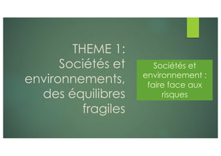 THEME 1:
Sociétés et
environnements,
des équilibres
fragiles
Sociétés et
environnement :
faire face aux
risques
 