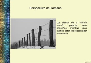Perspectiva de Tamaño
Los objetos de un mismo
tamaño parecen mas
pequeños mientras mas
lejanos estén del observador
y viceversa
 