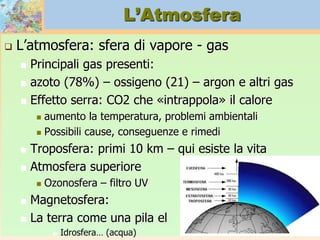 L’Atmosfera
 L’atmosfera: sfera di vapore - gas
 Principali gas presenti:
 azoto (78%) – ossigeno (21) – argon e altri gas
 Effetto serra: CO2 che «intrappola» il calore
 aumento la temperatura, problemi ambientali
 Possibili cause, conseguenze e rimedi
 Troposfera: primi 10 km – qui esiste la vita
 Atmosfera superiore
 Ozonosfera – filtro UV
 Magnetosfera:
 La terra come una pila el
 Idrosfera… (acqua)
 