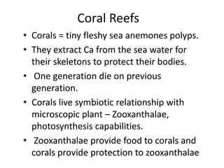 Coral Reefs
• Corals = tiny fleshy sea anemones polyps.
• They extract Ca from the sea water for
their skeletons to protect their bodies.
• One generation die on previous
generation.
• Corals live symbiotic relationship with
microscopic plant – Zooxanthalae,
photosynthesis capabilities.
• Zooxanthalae provide food to corals and
corals provide protection to zooxanthalae
 