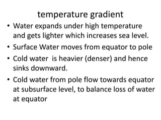 temperature gradient
• Water expands under high temperature
and gets lighter which increases sea level.
• Surface Water moves from equator to pole
• Cold water is heavier (denser) and hence
sinks downward.
• Cold water from pole flow towards equator
at subsurface level, to balance loss of water
at equator
 