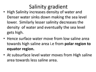Salinity gradient
• High Salinity increases density of water and
Denser water sinks down making the sea level
lower. Similarly lesser salinity decreases the
density of water and eventually the sea level
gets high.
• Hence surface water move from low saline area
towards high saline area i.e from polar region to
equator region.
• At subsurface level water moves from High saline
area towards less saline area.
 