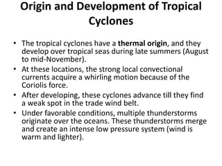 Origin and Development of Tropical
Cyclones
• The tropical cyclones have a thermal origin, and they
develop over tropical seas during late summers (August
to mid-November).
• At these locations, the strong local convectional
currents acquire a whirling motion because of the
Coriolis force.
• After developing, these cyclones advance till they find
a weak spot in the trade wind belt.
• Under favorable conditions, multiple thunderstorms
originate over the oceans. These thunderstorms merge
and create an intense low pressure system (wind is
warm and lighter).
 