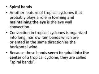 • Spiral bands
• Another feature of tropical cyclones that
probably plays a role in forming and
maintaining the eye is the eye wall
convection.
• Convection in tropical cyclones is organized
into long, narrow rain bands which are
oriented in the same direction as the
horizontal wind.
• Because these bands seem to spiral into the
center of a tropical cyclone, they are called
“spiral bands”.
 