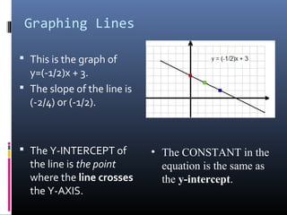 Graphing Lines

 This is the graph of
  y=(-1/2)x + 3.
 The slope of the line is
  (-2/4) or (-1/2).



 The Y-INTERCEPT of         • The CONSTANT in the
  the line is the point        equation is the same as
  where the line crosses       the y-intercept.
  the Y-AXIS.
 