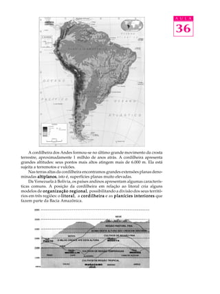 A U L A


                                                                                  36




     A cordilheira dos Andes formou-se no último grande movimento da crosta
terrestre, aproximadamente 1 milhão de anos atrás. A cordilheira apresenta
grandes altitudes: seus pontos mais altos atingem mais de 6.000 m. Ela está
sujeita a terremotos e vulcões.
     Nas terras altas da cordilheira encontramos grandes extensões planas deno-
minadas altiplanos isto é, superfícies planas muito elevadas.
          altiplanos,
     Da Venezuela à Bolívia, os países andinos apresentam algumas caracterís-
ticas comuns. A posição da cordilheira em relação ao litoral cria alguns
modelos de organização regional possibilitando a divisão dos seus territó-
                             regional,
rios em três regiões: o litoral a cordilheira e as planícies interiores que
                         litoral,
fazem parte da Bacia Amazônica.
 