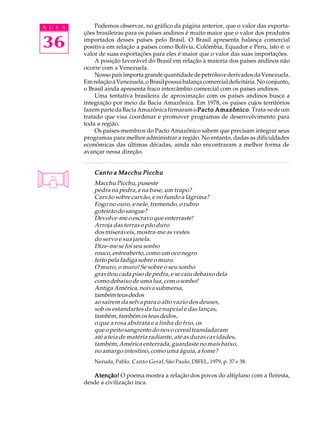 A U L A        Podemos observar, no gráfico da página anterior, que o valor das exporta-
          ções brasileiras para os países andinos é muito maior que o valor dos produtos

36        importados desses países pelo Brasil. O Brasil apresenta balança comercial
          positiva em relação a países como Bolívia, Colômbia, Equador e Peru, isto é: o
          valor de suas exportações para eles é maior que o valor das suas importações.
               A posição favorável do Brasil em relação à maioria dos países andinos não
          ocorre com a Venezuela.
               Nosso país importa grande quantidade de petróleo e derivados da Venezuela.
          Em relação à Venezuela, o Brasil possui balança comercial deficitária. No conjunto,
          o Brasil ainda apresenta fraco intercâmbio comercial com os países andinos.
               Uma tentativa brasileira de aproximação com os países andinos busca a
          integração por meio da Bacia Amazônica. Em 1978, os países cujos territórios
          fazem parte da Bacia Amazônica firmaram o Pacto Amazônico Trata-se de um
                                                             Amazônico.
          tratado que visa coordenar e promover programas de desenvolvimento para
          toda a região.
               Os países-membros do Pacto Amazônico sabem que precisam integrar seus
          programas para melhor administrar a região. No entanto, dadas as dificuldades
          econômicas das últimas décadas, ainda não encontraram a melhor forma de
          avançar nessa direção.


              Canto a Macchu Picchu
              Macchu Picchu, puseste
              pedra na pedra, e na base, um trapo?
              Carvão sobre carvão, e no fundo a lágrima?
              Fogo no ouro, e nele, tremendo, o rubro
              goteirão do sangue?
              Devolve-me o escravo que enterraste!
              Arroja das terras o pão duro
              dos miseráveis, mostra-me as vestes
              do servo e sua janela.
              Dize-me se foi seu sonho
              rouco, entreaberto, como um oco negro
              feito pela fadiga sobre o muro.
              O muro, o muro! Se sobre o seu sonho
              gravitou cada piso de pedra, e se caiu debaixo dela
              como debaixo de uma lua, com o sonho!
              Antiga América, noiva submersa,
              também teus dedos
              ao saírem da selva para o alto vazio dos deuses,
              sob os estandartes da luz nupcial e das lanças,
              também, também os teus dedos,
              o que a rosa abstrata e a linha do frio, os
              que o peito sangrento do novo cereal transladaram
              até a teia de matéria radiante, até as duras cavidades,
              também, América enterrada, guardaste no mais baixo,
              no amargo intestino, como uma águia, a fome?
              Neruda, Pablo. Canto Geral , São Paulo, DIFEL, 1979, p. 37 e 38.

             Atenção! O poema mostra a relação dos povos do altiplano com a floresta,
          desde a civilização inca.
 