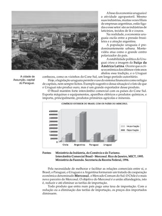 A U L A                                                          A base da economia uruguaia é
                                                                  a atividade agropastoril. Mesmo

      38                                                          suas indústrias, muitas vezes filiais
                                                                  de empresas argentinas, estão liga-
                                                                  das a esse setor: são as indústrias de
                                                                  laticínios, tecidos de lã e couros.
                                                                       Na realidade, a economia uru-
                                                                  guaia oscila entre a pressão brasi-
                                                                  leira e a atração argentina.
                                                                       A população uruguaia é pre-
                                                                  dominantemente urbana. Monte-
                                                                  vidéu atua como o grande centro
                                                                  polarizador do país.
                                                                       A estabilidade política do Uru-
                                                                  guai criou a imagem da Suíça da
                                                                 América Latina Ocorre que a cri-
                                                                              Latina.
                                                                  se econômica dos últimos vinte anos
                                                                  abalou essa tradição, e o Uruguai
     A cidade de    conheceu, como os vizinhos do Cone Sul, um longo período autoritário.
Assunção, capital       Hoje, a legislação uruguaia permite o uso do sistema financeiro como refúgio
    do Paraguai.    de capitais, nem sempre lícitos. Exemplo sugestivo dessa situação é o fato de que
                    o Uruguai não produz ouro, mas é um grande exportador desse produto.
                        O Brasil mantém forte intercâmbio comercial com os países do Cone Sul.
                    Exporta máquinas e equipamentos, aparelhos elétricos e produtos químicos, e
                    importa, principalmente, produtos primários agrícolas e minerais.
                                   COMÉRCIO EXTERIOR DO BRASIL COM OS PAÍSES DO MERCOSUL




                    Fontes:   Ministério da Indústria, do Comércio e do Turismo.
                              Intercâmbio Comercial Brasil - Mercosul. Rico de Janeiro, MICT, 1995.
                              Ministério da Fazenda. Secretaria da Receita Federal, 1994.


                         Pela necessidade de melhorar e facilitar as relações comerciais entre si, o
                    Brasil, o Paraguai, o Uruguai e a Argentina formaram um tratado de cooperação
                    econômica denominado Mercosul o Mercado Comum do Sul. O Chile é o mais
                                              Mercosul,
                    novo parceiro do Mercosul. O objetivo do Mercosul é a união alfandegária, isto
                    é, reduzir e até eliminar as tarifas de importação.
                         Todo produto que entra num país paga uma taxa de importação. Com a
                    redução ou a eliminação das tarifas de importação, os preços dos importados
                    diminuem.
 