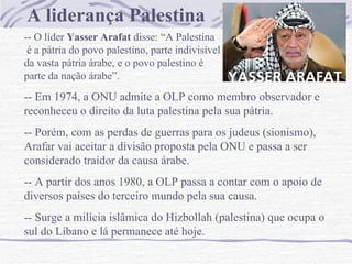 A liderança Palestina -- O líder  Yasser Arafat  disse: “A Palestina  é a pátria do povo palestino, parte indivisível  da vasta pátria árabe, e o povo palestino é  parte da nação árabe”. -- Em 1974, a ONU admite a OLP como membro observador e reconheceu o direito da luta palestina pela sua pátria. -- Porém, com as perdas de guerras para os judeus (sionismo), Arafar vai aceitar a divisão proposta pela ONU e passa a ser considerado traidor da causa árabe. -- A partir dos anos 1980, a OLP passa a contar com o apoio de diversos países do terceiro mundo pela sua causa. -- Surge a milícia islâmica do Hizbollah (palestina) que ocupa o sul do Líbano e lá permanece até hoje. 