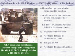 8 de dezembro de 1988: Revolta da INTIFADA (Guerra das Pedras) -- O mundo exige uma solução para a questão palestina. -- Arafat aproveita este momento e volta como grande líder palestino. -- Em 1988, o Conselho Nacional Palestino declarou na ONU: Rejeição ao terroroismo Aceitação de todas as resoluções da ONU Solução da Paz Aceitação do Estado Palestino OLP passa a ser considerada traidora e surge com força grupos HAMAS, HIZBOLLAH (já existia) e JIRAD ISLâMICA 