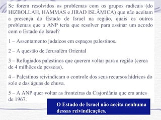 Se forem resolvidos os problemas com os grupos radicais (do HIZBOLLAH, HAMMAS e JIRAD ISLÂMICA) que não aceitam a presença do Estado de Israel na região, quais os outros problemas que a ANP teria que resolver para assinar um acordo com o Estado de Israel? 1 – Assentamento judaicos em espaços palestinos. 2 – A questão de Jerusalém Oriental 3 – Refugiados palestinos que querem voltar para a região (cerca de 4 milhões de pessoas). 4 – Palestinos reivindicam o controle dos seus recursos hídricos do solo e das águas de chuva. 5 – A ANP quer voltar as fronteiras da Cisjordânia que era antes de 1967. O Estado de Israel não aceita nenhuma dessas reivindicações. 