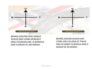 Mrremsamura
BERING SUDUTAN ATAU AZIMUT
DIUKUR DARI UTARA MENGIKUT
ARAH PUSINGAN JAM. IA BERMULA
DARI 0 DARJAH KE 360 DARJAH
BERING SUKUAN DIUKUR DATI
UTARA ATAU SELATAN KE TIMUR
ATAU KE BARAT IA BEMULA DARI 0
DARJAH KE 90 DARJAH.
 