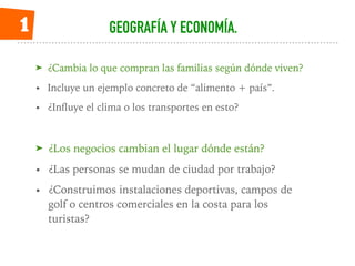 GEOGRAFÍA Y ECONOMÍA.
➤ ¿Cambia lo que compran las familias según dónde viven?
• Incluye un ejemplo concreto de “alimento ...