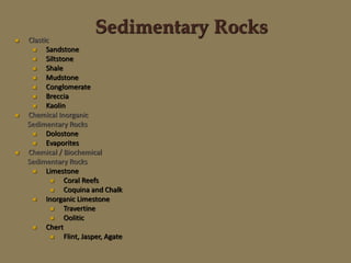 Sedimentary Rocks
 Clastic
 Sandstone
 Siltstone
 Shale
 Mudstone
 Conglomerate
 Breccia
 Kaolin
 Chemical Inorganic
Sedimentary Rocks
 Dolostone
 Evaporites
 Chemical / Biochemical
Sedimentary Rocks
 Limestone
 Coral Reefs
 Coquina and Chalk
 Inorganic Limestone
 Travertine
 Oolitic
 Chert
 Flint, Jasper, Agate
 