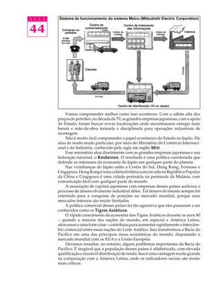 A U L A


44




              Vamos compreender melhor como isso aconteceu. Com a súbita alta dos
          preços do petróleo, na década de 70, as grandes empresas japonesas, com o apoio
          do Estado, foram buscar novas localizações onde encontrassem energia mais
          barata e mão-de-obra treinada e disciplinada para operações industriais de
          montagem.
              Não é muito fácil compreender o papel econômico do Estado no Japão. Ele
          atua de modo muito particular, por meio do Ministério do Comércio Internaci-
          onal e da Indústria, conhecido pela sigla em inglês Miti
                                                                 Miti.
              Esse ministério atua diretamente com as grandes empresas japonesas e sua
          federação nacional, o Keidanren O resultado é uma política coordenada que
                                 Keidanren.
          defende os interesses da economia do Japão em qualquer parte do planeta.
              Nas vizinhanças do Japão estão a Coréia do Sul, Hong Kong, Formosa e
          Cingapura. Hong Kong é uma colônia britânica encravada na República Popular
          da China e Cingapura é uma cidade portuária na península da Malásia, com
          comunicação fácil com qualquer parte do mundo.
              A associação de capitais japoneses com empresas desses países acelerou o
          processo de desenvolvimento industrial deles. Tal desenvolvimento sempre foi
          orientado para a conquista de posições no mercado mundial, porque seus
          mercados internos são muito limitados.
              A política comercial desses países foi tão agressiva que eles passaram a ser
          conhecidos como os Tigres Asiáticos
                                        Asiáticos.
              O rápido crescimento da economia dos Tigres Asiáticos durante os anos 80
          - quando a maioria das nações do mundo, em especial a América Latina,
          atravessava uma forte crise - contribuiu para aumentar rapidamente o intercâm-
          bio comercial entre essas nações do Leste Asiático. Isso transformou a Bacia do
          Pacífico em uma das principais áreas econômicas do mundo, disputando o
          mercado mundial com os EUA e a União Européia.
              Devemos ressaltar, no entanto, alguns problemas importantes da Bacia do
          Pacífico. É inegável que a população desses países é alfabetizada, com elevada
          qualificação e razoável distribuição de renda. Isso é uma vantagem muito grande
          na comparação com a América Latina, onde os indicadores sociais são muito
          mais críticos.
 