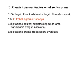 5. Canvis i permanències en el sector primari 1. De l’agricultura tradicional a l’agricultura de mercat 1.3.  El treball agrari a Espanya Explotacions petites: explotació familiar, amb participació d’algun assalariat. Explotacions grans: Treballadors eventuals 