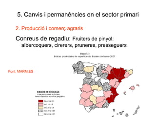 5. Canvis i permanències en el sector primari 2. Producció i comerç agraris Conreus de regadiu:  Fruiters de pinyol: albercoquers, cirerers, pruneres, presseguers Font: MARM.ES 