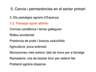 5. Canvis i permanències en el sector primari 3. Els paisatges agraris d’Espanya 3.2. Paisatge agrari atlàntic Cornisa cantàbrica i terres gallegues Relleu accidentat Presència de prats i boscos caducifolis Agricultura: poca extensió Monoconreu més extens: blat de moro per a farratge Ramaderia: cria de bestiar boví per obtenir llet Població agrària dispersa 