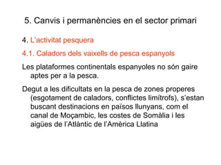 5. Canvis i permanències en el sector primari 4.  L’activitat pesquera 4.1. Caladors dels vaixells de pesca espanyols Les plataformes continentals espanyoles no són gaire aptes per a la pesca. Degut a les dificultats en la pesca de zones properes (esgotament de caladors, conflictes limítrofs), s’estan buscant destinacions en països llunyans, com el canal de Moçambic, les costes de Somàlia i les aigües de l’Atlàntic de l’Amèrica Llatina 