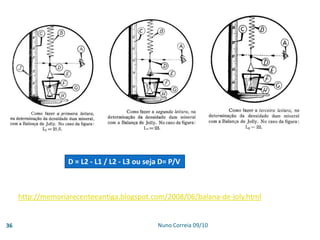 Nuno Correia 09/1036
D = L2 - L1 / L2 - L3 ou seja D= P/V
http://memoriarecenteeantiga.blogspot.com/2008/06/balana-de-joly.html
 