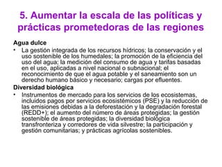 5. Aumentar la escala de las políticas y
prácticas prometedoras de las regiones
Agua dulce
• La gestión integrada de los recursos hídricos; la conservación y el
uso sostenible de los humedales; la promoción de la eficiencia del
uso del agua; la medición del consumo de agua y tarifas basadas
en el uso, aplicadas a nivel nacional o subnacional; el
reconocimiento de que el agua potable y el saneamiento son un
derecho humano básico y necesario; cargas por efluentes.
Diversidad biológica
• Instrumentos de mercado para los servicios de los ecosistemas,
incluidos pagos por servicios ecosistémicos (PSE) y la reducción de
las emisiones debidas a la deforestación y la degradación forestal
(REDD+); el aumento del número de áreas protegidas; la gestión
sostenible de áreas protegidas; la diversidad biológica
transfronteriza y corredores de vida silvestre; la participación y
gestión comunitarias; y prácticas agrícolas sostenibles.
 