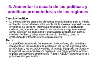 5. Aumentar la escala de las políticas y
prácticas prometedoras de las regiones
Cambio climático
• La eliminación de subsidios perversos o perjudiciales para el medio
ambiente, especialmente a los combustibles fósiles; impuestos a las
emisiones de carbono; incentivos forestales para la captura de
carbono; regímenes de comercio de emisiones; seguro contra el
clima; creación de capacidad y financiación; preparación para el
cambio climático y adaptación al cambio climático, como la
protección de infraestructuras contra el clima.
Tierra
• La gestión integrada de las cuencas hidrográficas; el crecimiento
inteligente en las ciudades; la protección de tierras agrícolas más
productivas y los espacios verdes; el manejo integrado de plagas y
la agricultura sin labranza y/u orgánica; una mejor gestión forestal;
el pago por servicios ambientales (PSA) y REDD+; agroforestería y
prácticas silvopastorales.
 
