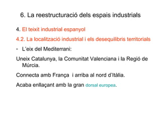 6. La reestructuració dels espais industrials 4.  El teixit industrial espanyol 4.2. La localització industrial i els desequilibris territorials L’eix del Mediterrani: Uneix Catalunya, la Comunitat Valenciana i la Regió de Múrcia.  Connecta amb França  i arriba al nord d’Itàlia. Acaba enllaçant amb la gran  dorsal europea . 