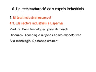 6. La reestructuració dels espais industrials 4.  El teixit industrial espanyol 4.3. Els sectors industrials a Espanya Madurs: Poca tecnologia i poca demanda Dinàmics: Tecnologia mitjana i bones expectatives Alta tecnologia: Demanda creixent 