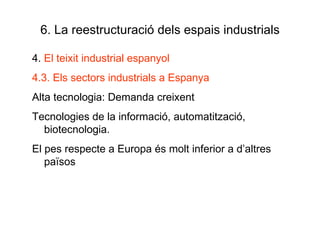 6. La reestructuració dels espais industrials 4.  El teixit industrial espanyol 4.3. Els sectors industrials a Espanya Alta tecnologia: Demanda creixent Tecnologies de la informació, automatització, biotecnologia. El pes respecte a Europa és molt inferior a d’altres països 