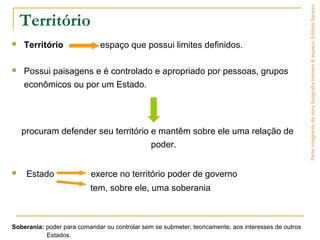 Território
 Território espaço que possui limites definidos.
 Possui paisagens e é controlado e apropriado por pessoas, grupos
econômicos ou por um Estado.
procuram defender seu território e mantêm sobre ele uma relação de
poder.
 Estado exerce no território poder de governo
tem, sobre ele, uma soberania
Soberania: poder para comandar ou controlar sem se submeter, teoricamente, aos interesses de outros
Estados.
ParteintegrantedaobraGeografiahomem&espaço,EditoraSaraiva.
 
