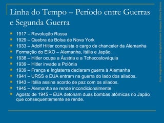 Linha do Tempo – Período entre Guerras
e Segunda Guerra
 1917 – Revolução Russa
 1929 – Quebra da Bolsa de Nova York
 1933 – Adolf Hitler conquista o cargo de chanceler da Alemanha
 Formação do EIXO – Alemanha, Itália e Japão.
 1938 – Hitler ocupa a Áustria e a Tchecoslováquia
 1939 – Hitler invade a Polônia
 1939 – França e Inglaterra declaram guerra à Alemanha
 1941 – URSS e EUA entram na guerra do lado dos aliados.
 1943 – Itália assina acordo de paz com os aliados.
 1945 – Alemanha se rende incondicionalmente
 Agosto de 1945 – EUA detonam duas bombas atômicas no Japão
que consequentemente se rende.
ParteintegrantedaobraGeografiahomem&espaço,EditoraSaraiva.
 