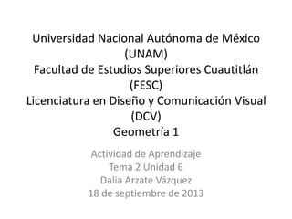 Universidad Nacional Autónoma de México
(UNAM)
Facultad de Estudios Superiores Cuautitlán
(FESC)
Licenciatura en Diseño y Comunicación Visual
(DCV)
Geometría 1
Actividad de Aprendizaje
Tema 2 Unidad 6
Dalia Arzate Vázquez
18 de septiembre de 2013
 