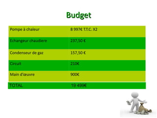 Budget
Pompe à chaleur        8 997€ T.T.C. X2

Echangeur chaudiere    237,50 €

Condenseur de gaz      157,50 €

Circuit                210€

Main d’œuvre           900€

TOTAL                  19 499€
 