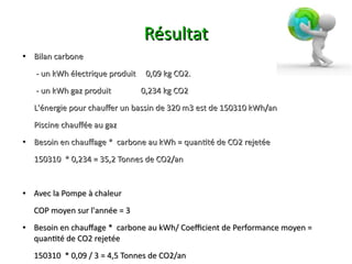 Résultat
●   Bilan carbone
    - un kWh électrique produit    0,09 kg CO2.
    - un kWh gaz produit          0,234 kg CO2
    L'énergie pour chaufer un bassin de 320 m3 est de 150310 kWh/an
    Piscine chaufée au gaz
●   Besoin en chaufage * carbone au kWh = quantté de CO2 rejetée
    150310 * 0,234 = 35,2 Tonnes de CO2/an


●   Avec la Pompe à chaleur
    COP moyen sur l'année = 3
●   Besoin en chaufage * carbone au kWh/ Coefcient de Performance moyen =
    quantté de CO2 rejetée
    150310 * 0,09 / 3 = 4,5 Tonnes de CO2/an
 
