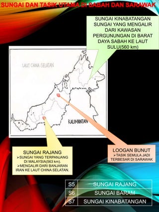 SUNGAI RAJANG
SUNGAI YANG TERPANJANG
DI MALAYSIA(563 km).
MENGALIR DARI BANJARAN
IRAN KE LAUT CHINA SELATAN.
LOOGAN BUNUT
TASIK SEMULA JADI
TERBESAR DI SARAWAK
SUNGAI KINABATANGAN
SUNGAI YANG MENGALIR
DARI KAWASAN
PERGUNUNGAN DI BARAT
DAYA SABAH KE LAUT
SULU(560 km)
S
7
S6
S5
S5 SUNGAI RAJANG
S6 SUNGAI BARAM
S7 SUNGAI KINABATANGAN
 