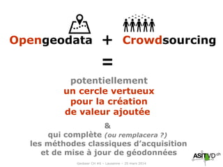 Geobeer CH #6 – Lausanne – 20 mars 2014
CrowdsourcingOpengeodata
potentiellement
un cercle vertueux
pour la création
de va...