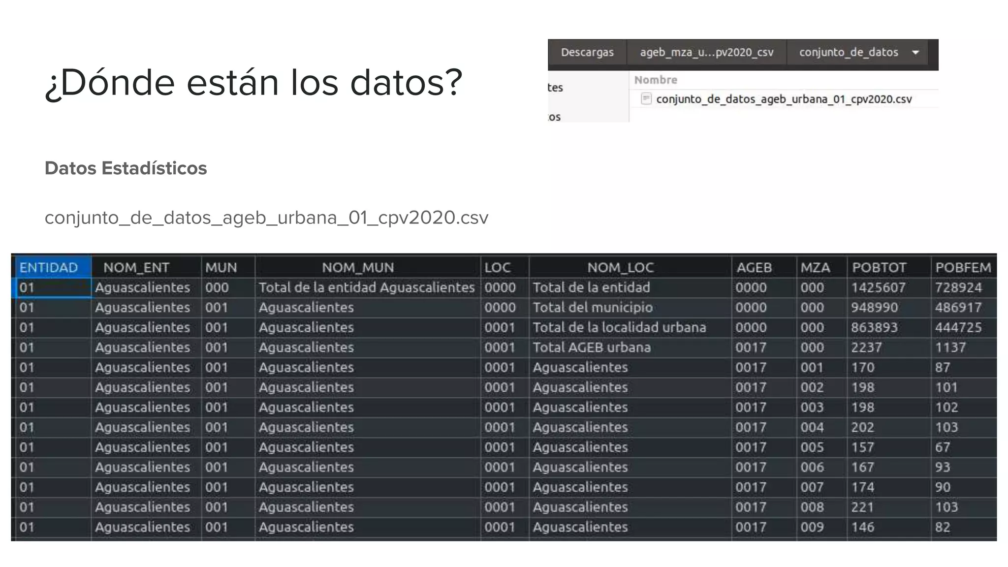 ¿Dónde están los datos?
Datos Estadísticos
conjunto_de_datos_ageb_urbana_01_cpv2020.csv
 