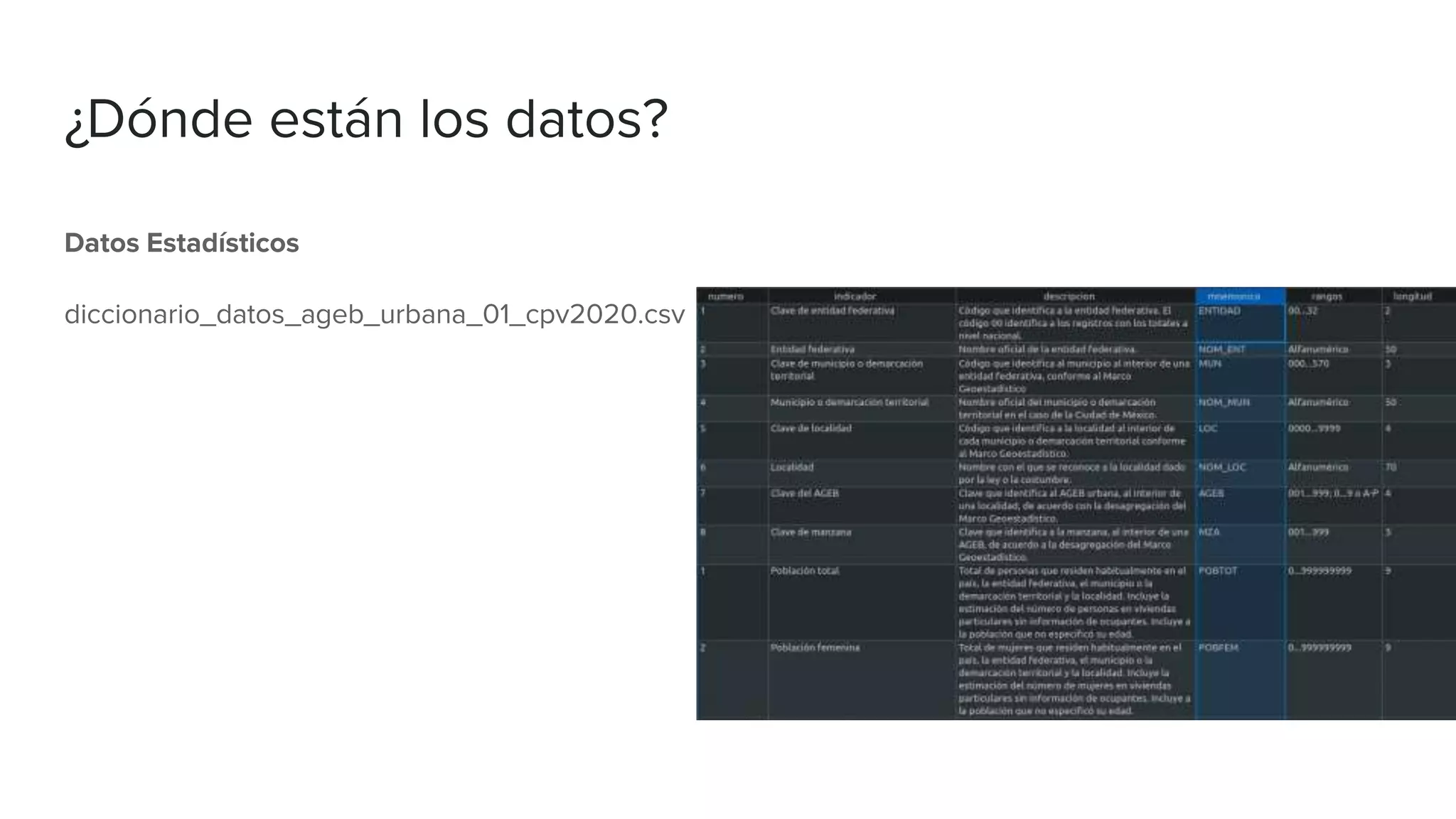 ¿Dónde están los datos?
Datos Estadísticos
diccionario_datos_ageb_urbana_01_cpv2020.csv
 