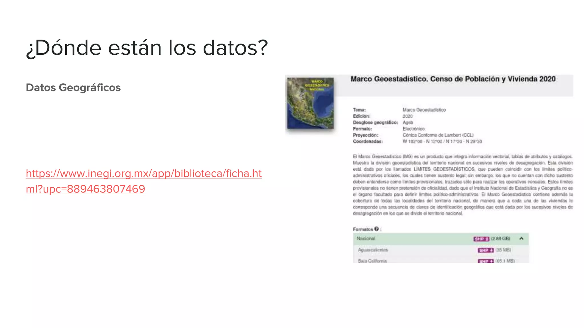 ¿Dónde están los datos?
Datos Geográficos
https://www.inegi.org.mx/app/biblioteca/ficha.ht
ml?upc=889463807469
 