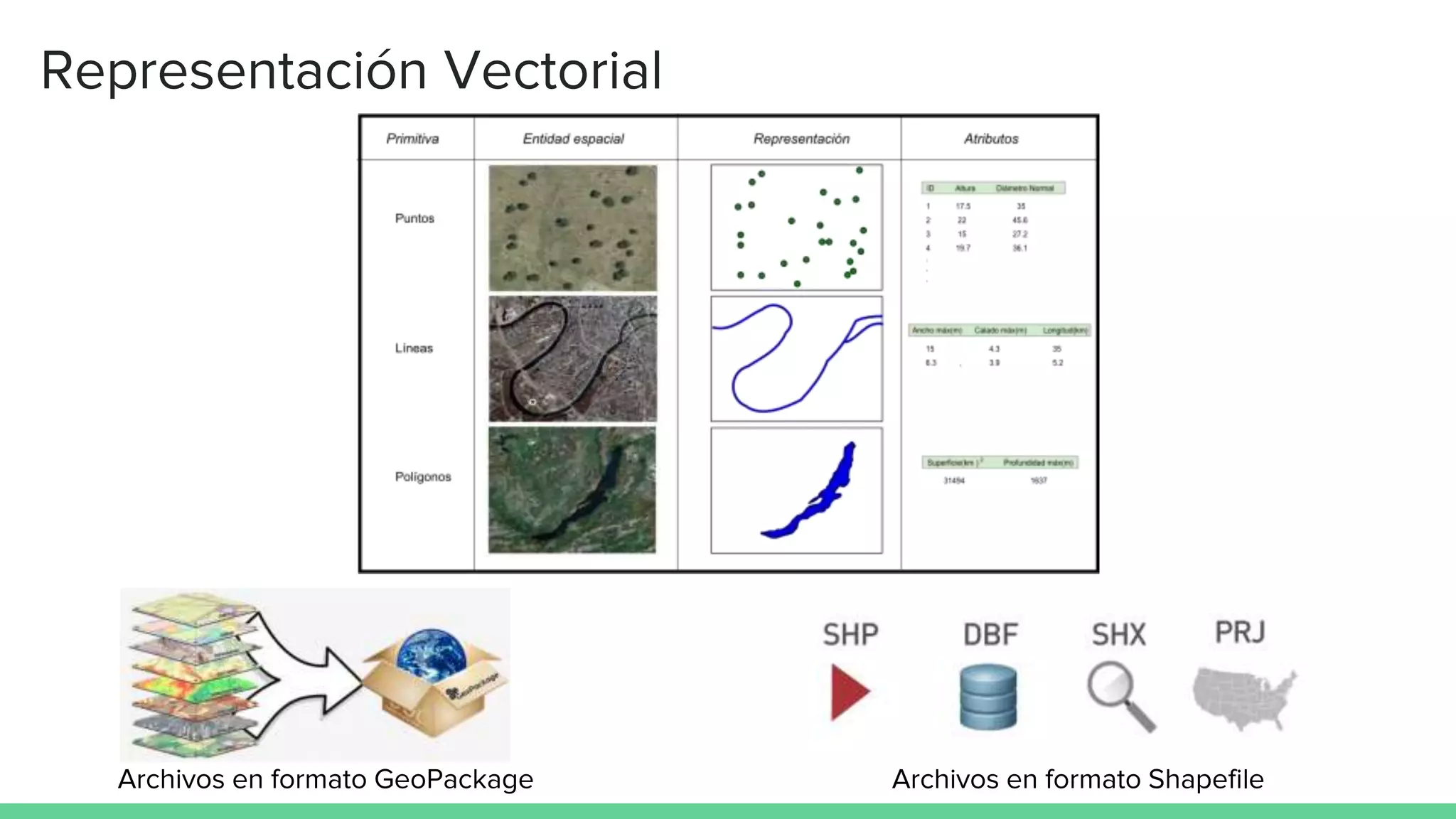 Representación Vectorial
Archivos en formato GeoPackage Archivos en formato Shapefile
 