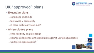 •  Executive plans
o  conditions and limits
o  tax saving v complexity
o  is there sufficient value in it?
•  All-employee plans
o  little flexibility on plan design
o  balance consistency with global plan against UK tax advantages
o  workforce expectations?
UK “approved” plans
 