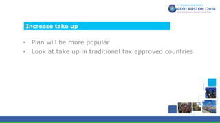 •  Plan will be more popular
•  Look at take up in traditional tax approved countries
Increase take up
 
