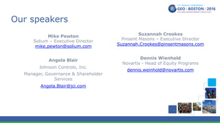 Our speakers
Mike Pewton
Solium – Executive Director
mike.pewton@solium.com
Angela Blair
Johnson Controls, Inc.
Manager, Governance & Shareholder
Services
Angela.Blair@jci.com
Suzannah Crookes
Pinsent Masons – Executive Director
Suzannah.Crookes@pinsentmasons.com
Dennis Wienhold
Novartis - Head of Equity Programs
dennis.weinhold@novartis.com
 