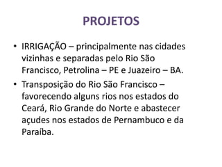 PROJETOS
• IRRIGAÇÃO – principalmente nas cidades
vizinhas e separadas pelo Rio São
Francisco, Petrolina – PE e Juazeiro – BA.
• Transposição do Rio São Francisco –
favorecendo alguns rios nos estados do
Ceará, Rio Grande do Norte e abastecer
açudes nos estados de Pernambuco e da
Paraíba.
 